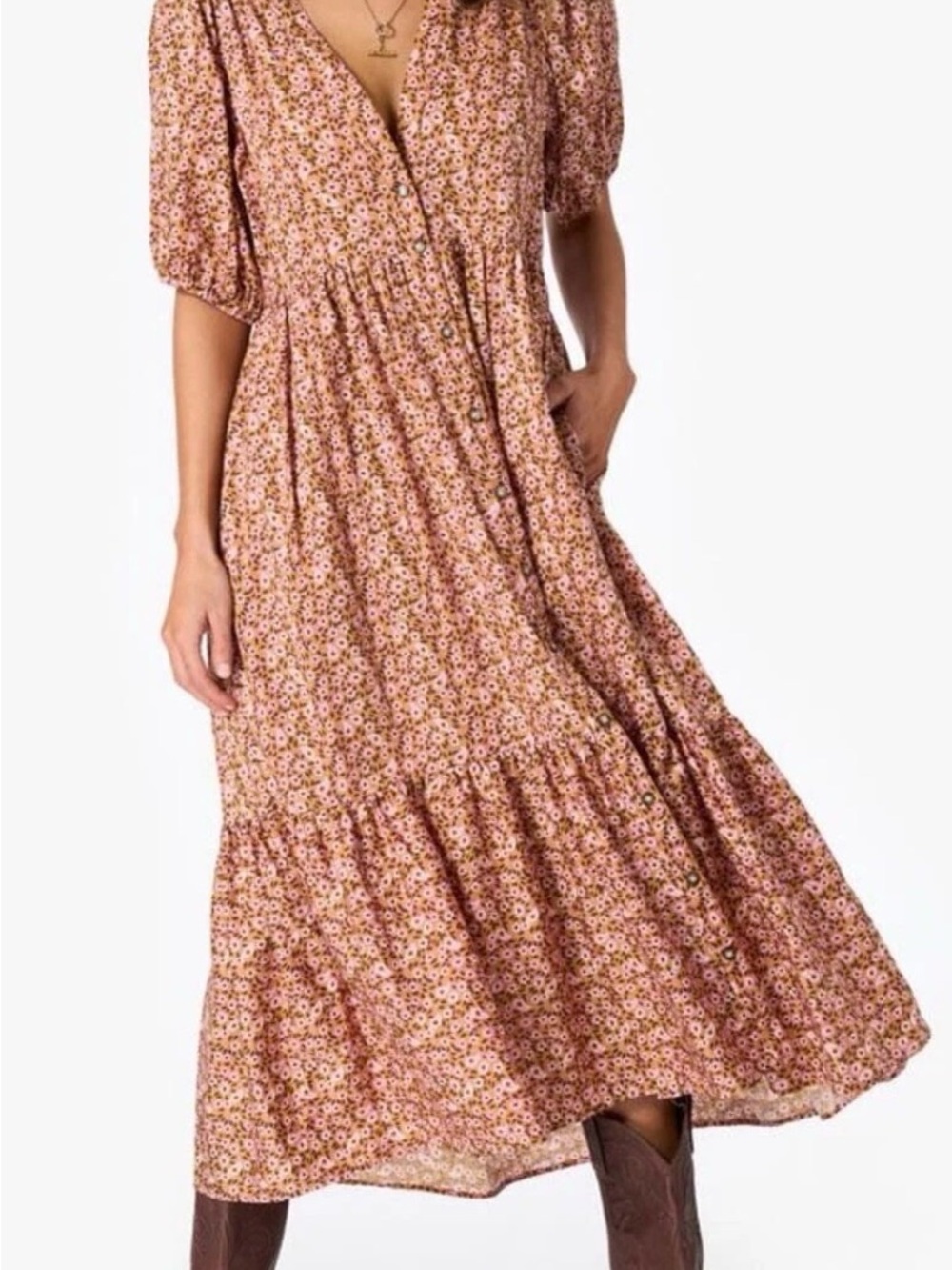 XiRENA Lenox puffed sleeve Floral Midi Dress XS honeysuckle orange Boho